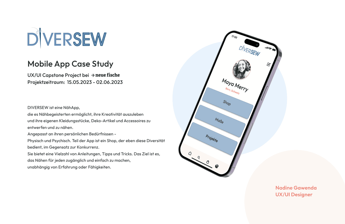 Mobile-App Case Study für DIVERSEW mit UX/UI Design und einer Benutzeroberfläche auf einem Smartphone.