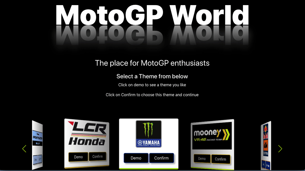 Screenshot einer Webseite mit MotoGP-Themenauswahl.