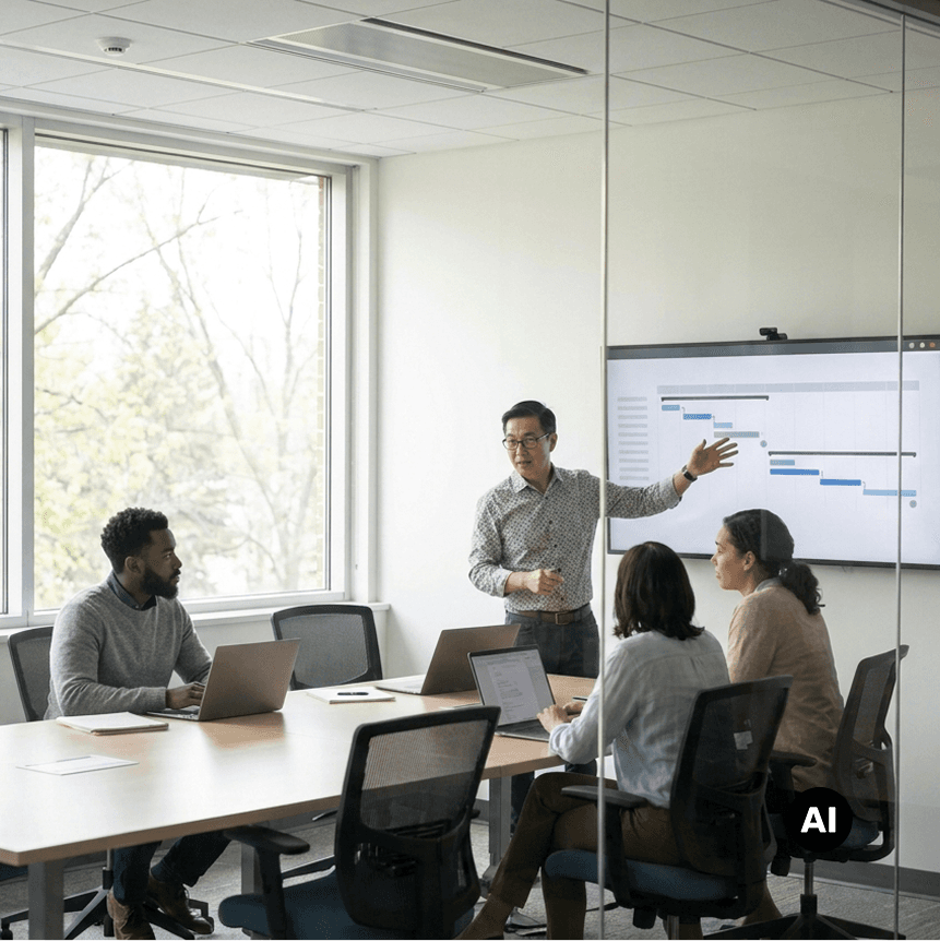 IT project manager presenting a timeline chart to colleagues in a conference room.