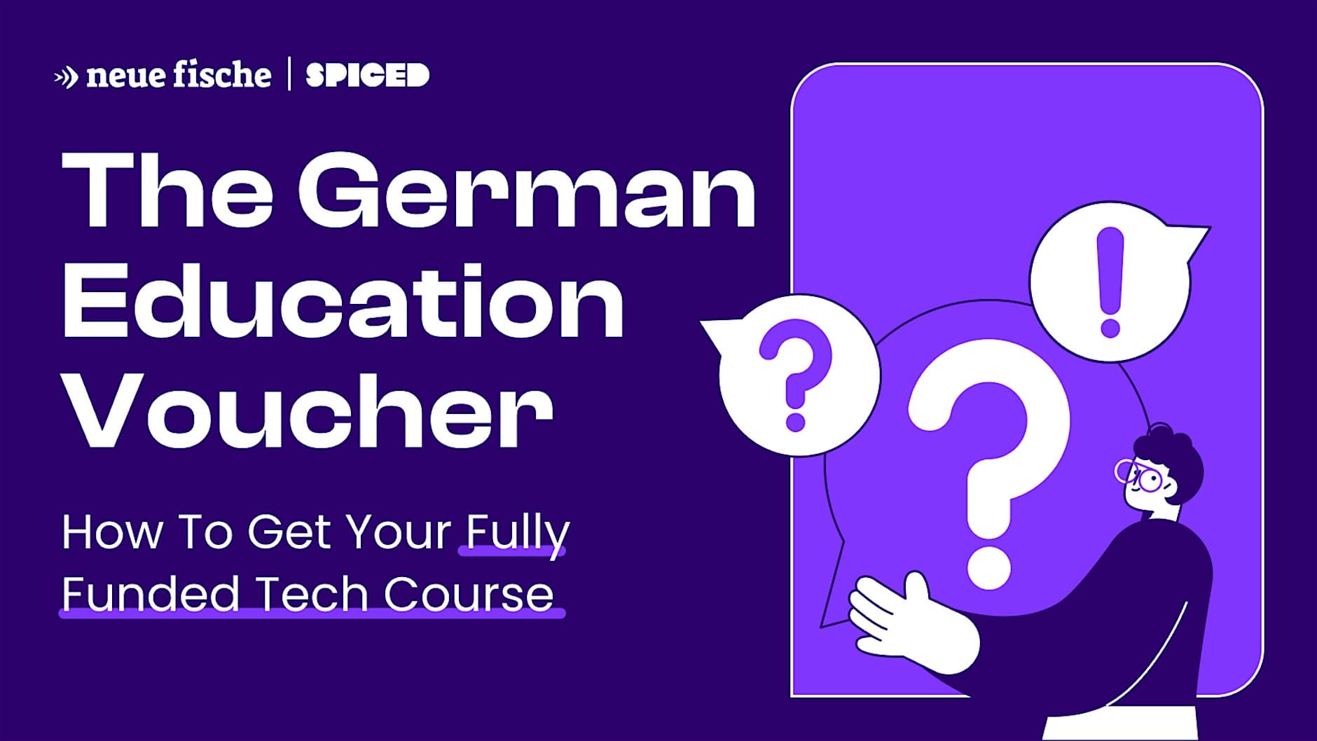 Illustration of the German education voucher with question marks and a person