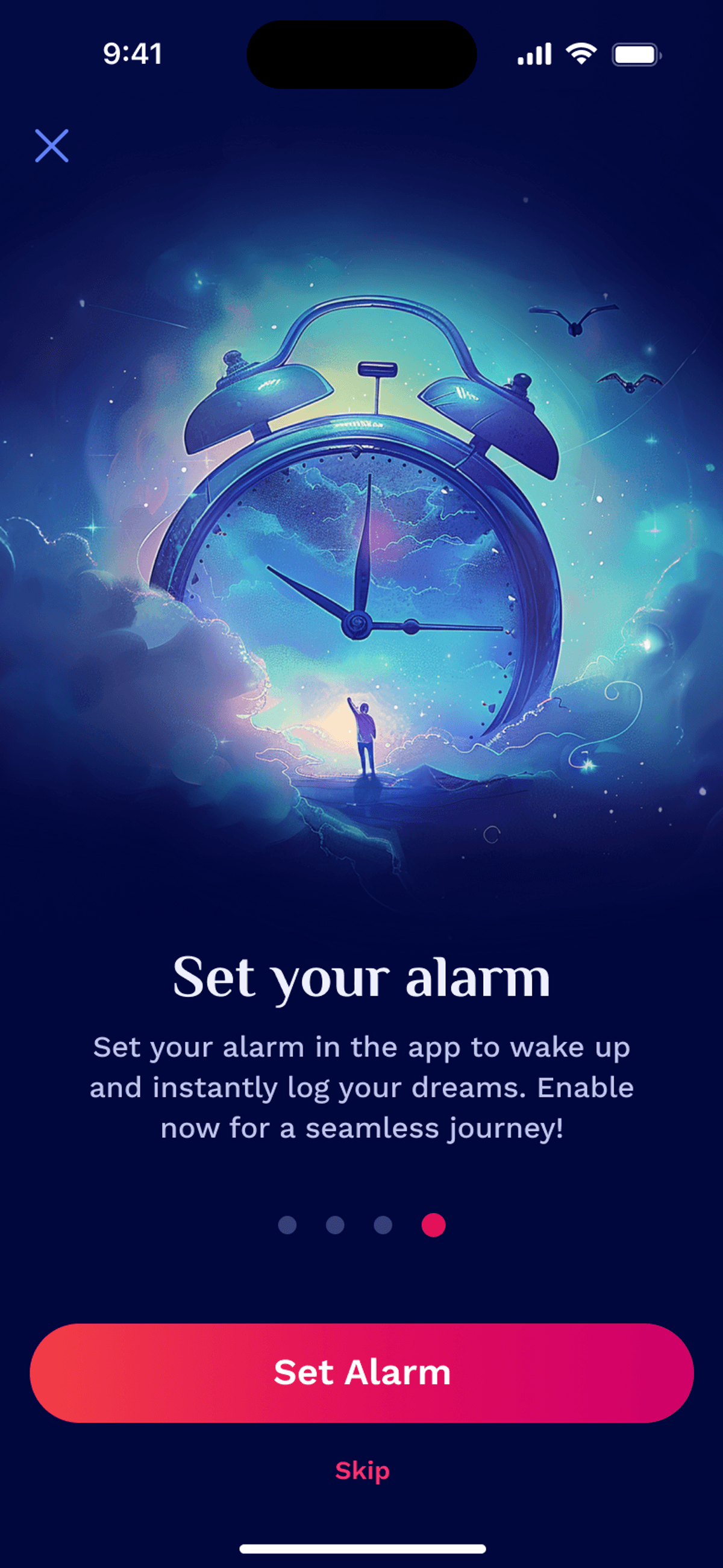 Alarm clock symbol with person and dreamlike landscape