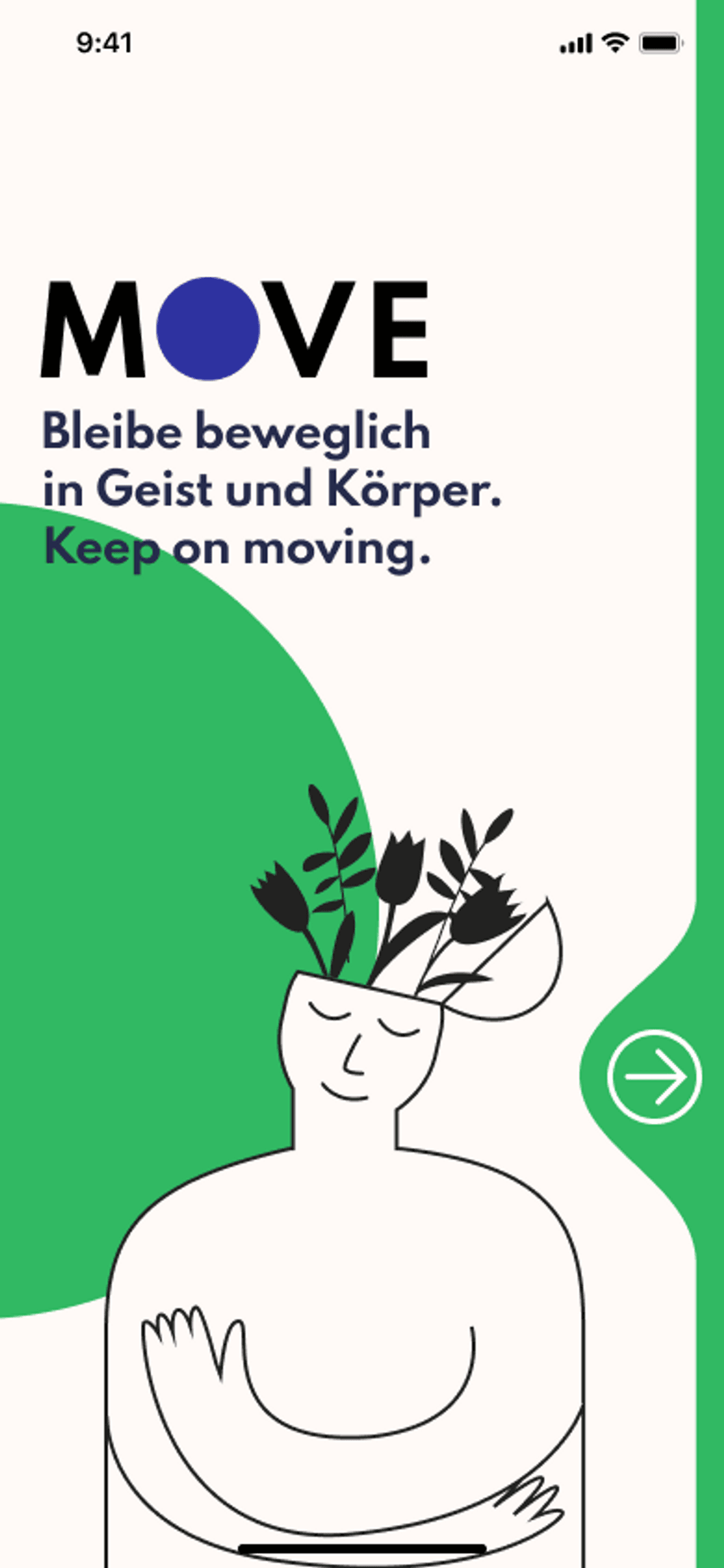 Illustration of a person with plants, text about movement for mind and body.