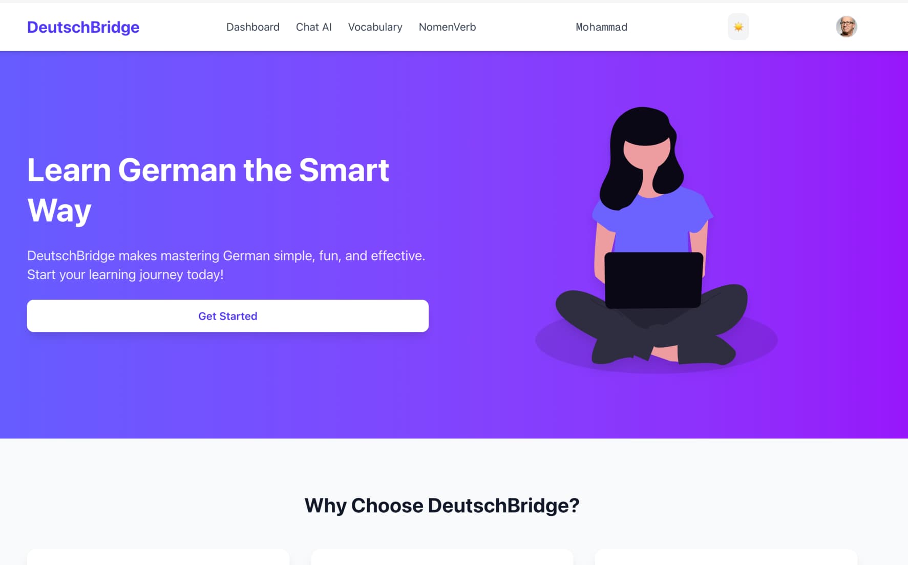 Illustration einer Person mit Laptop auf der Lernplattform DeutschBridge.