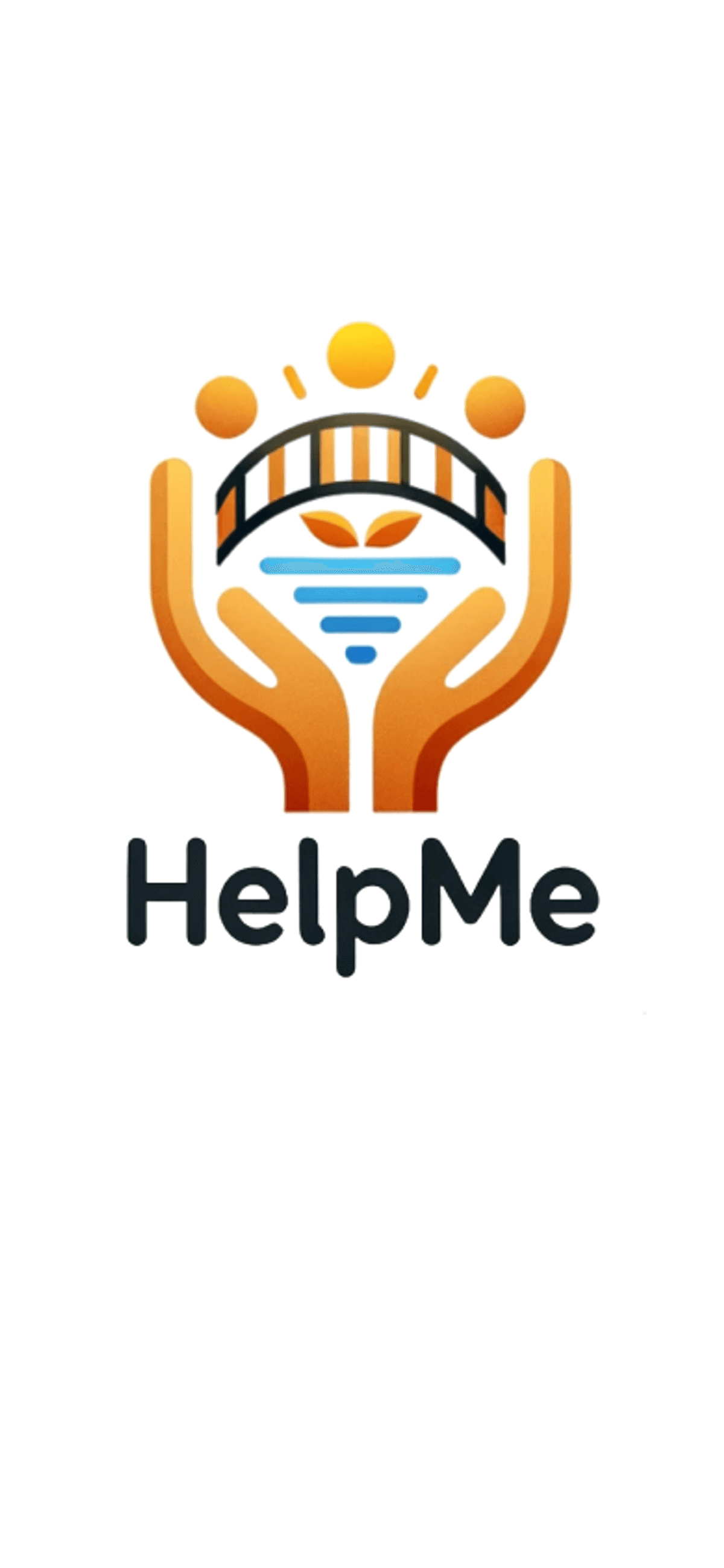 Logo mit zwei Händen, Menschenfiguren und Text 'HelpMe'