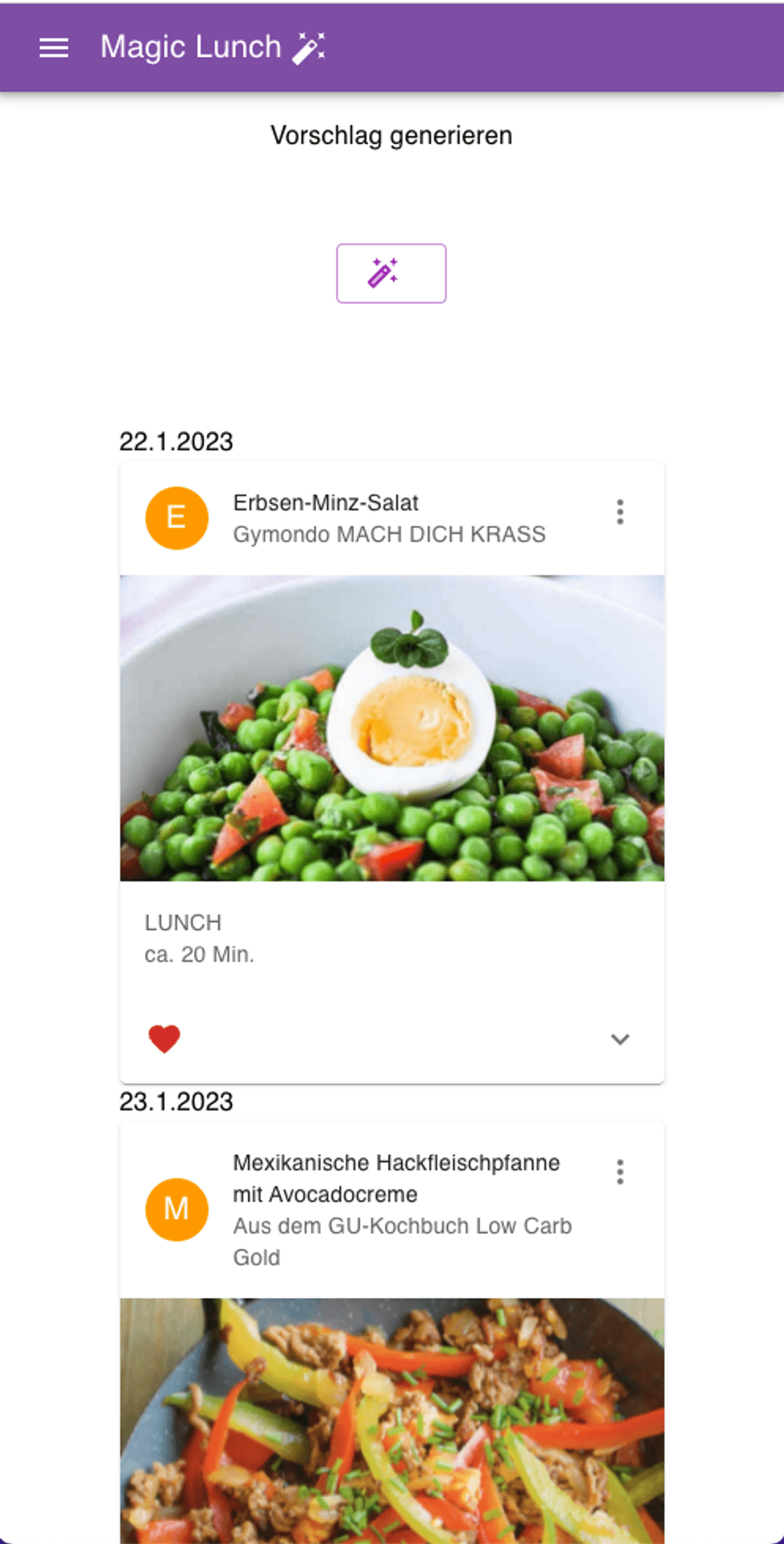Bildschirmfoto der Magic Lunch App mit zwei Rezeptvorschlägen: Erbsen-Minz-Salat und Mexikanische Hackfleischpfanne.