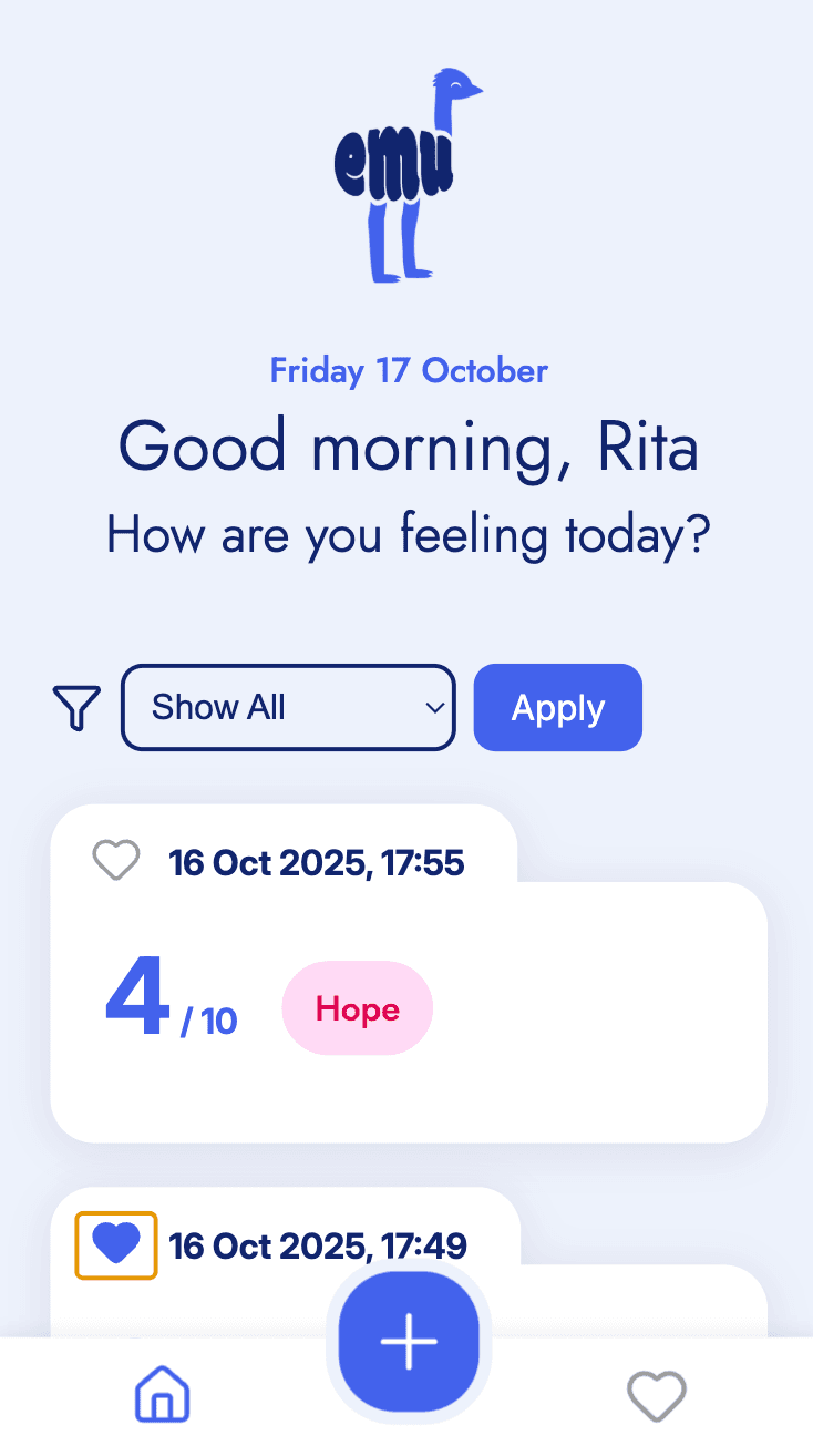 Benutzeroberfläche einer Stimmungs-Tracking-App mit Datum, Zeit und Stimmungspunkten.