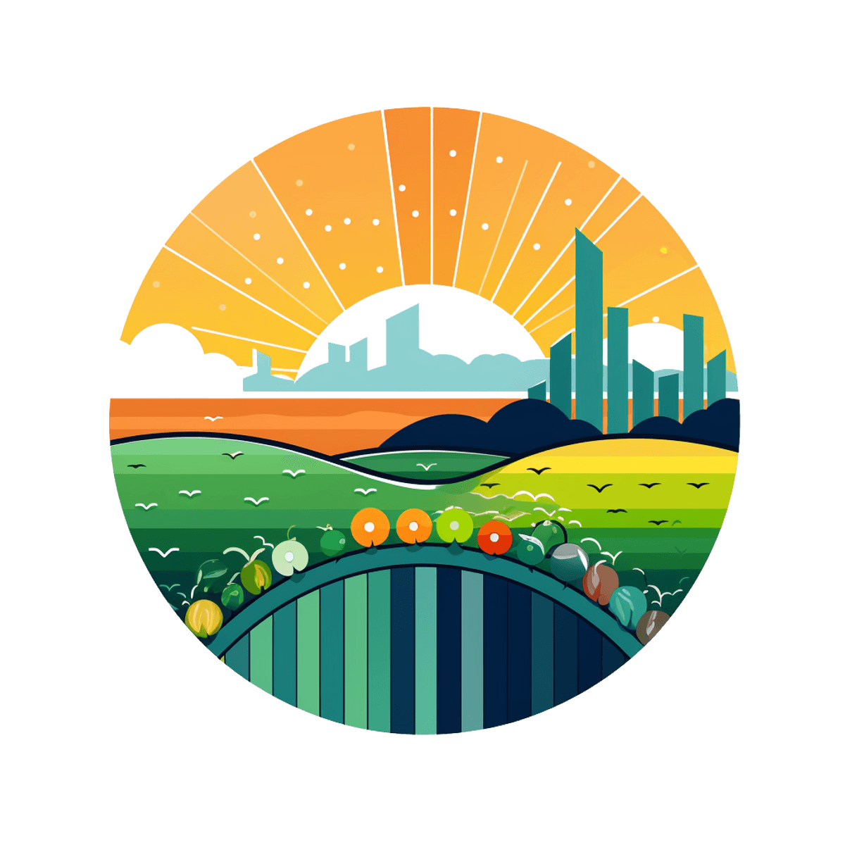 Illustration of a landscape with fields, city, and sunrise