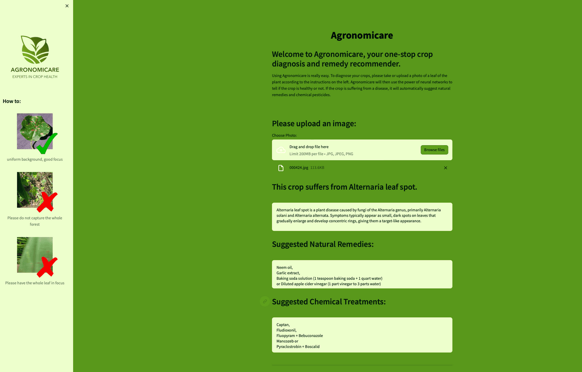 Website for diagnosing Alternaria leaf spot with upload feature and treatment suggestions.