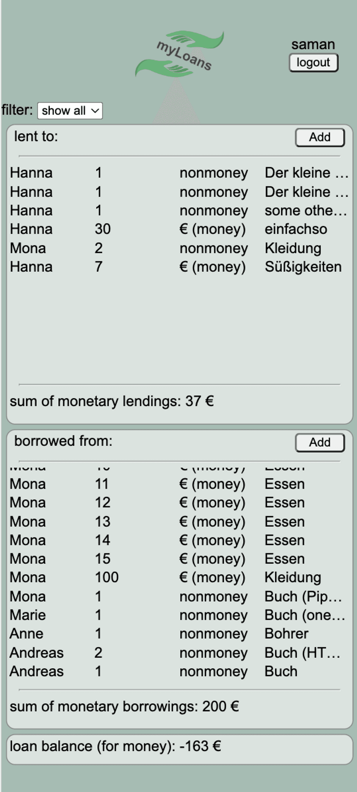 Übersicht der geliehenen und ausgeliehenen Beträge und Gegenstände in einer Loan-Management-App.