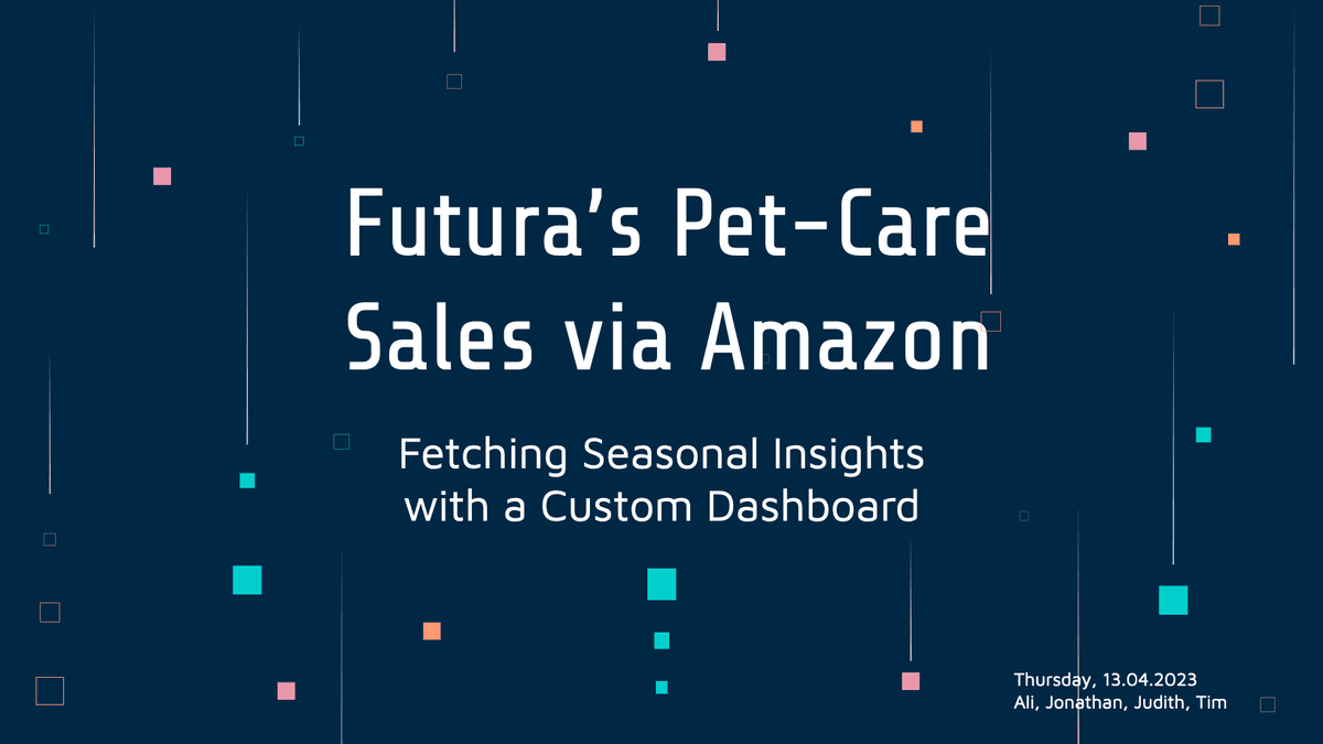 Titelbild für Futura's Pet-Care Verkaufsanalyse über Amazon mit Dashboard-Infos.