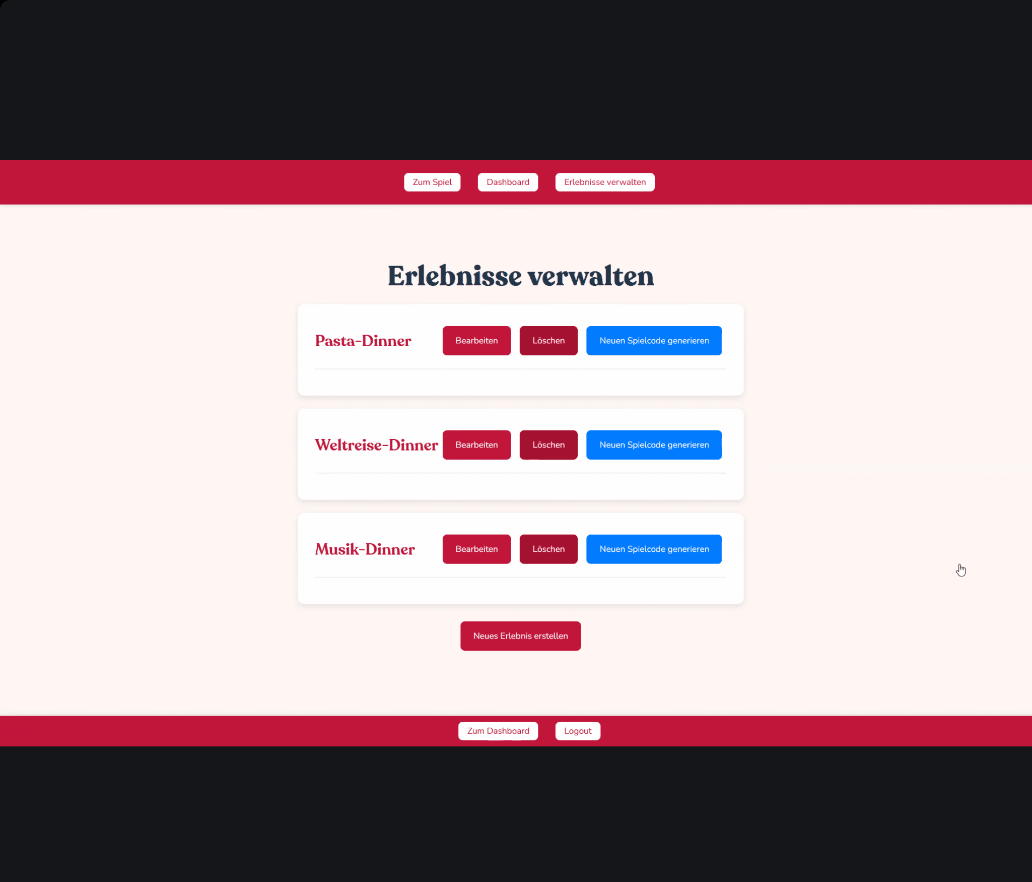 Webseite zur Verwaltung von Erlebnis-Dinnern mit Optionen zum Bearbeiten, Löschen und Generieren neuer Spielcodes.