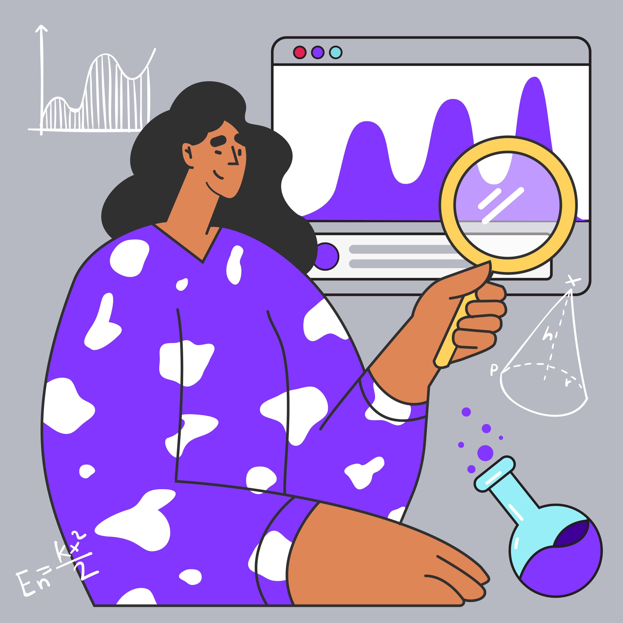 Frau analysiert Daten mit Lupe vor Computerbildschirm