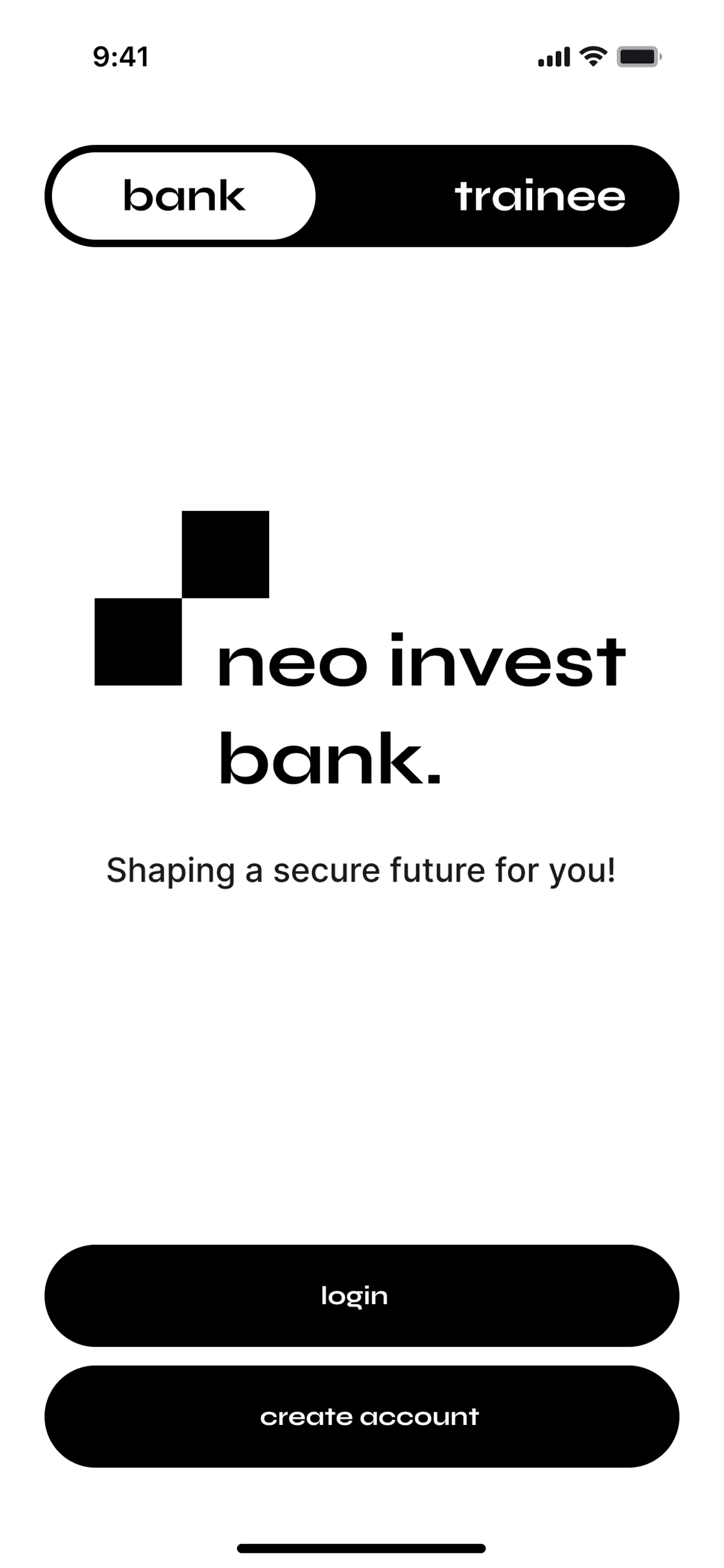 Neo Invest Bank app home screen with login and create account options