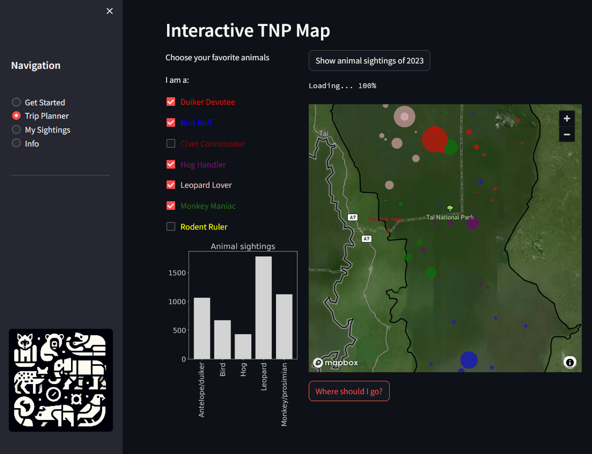 Interactive map showing animal sightings and navigation menu.