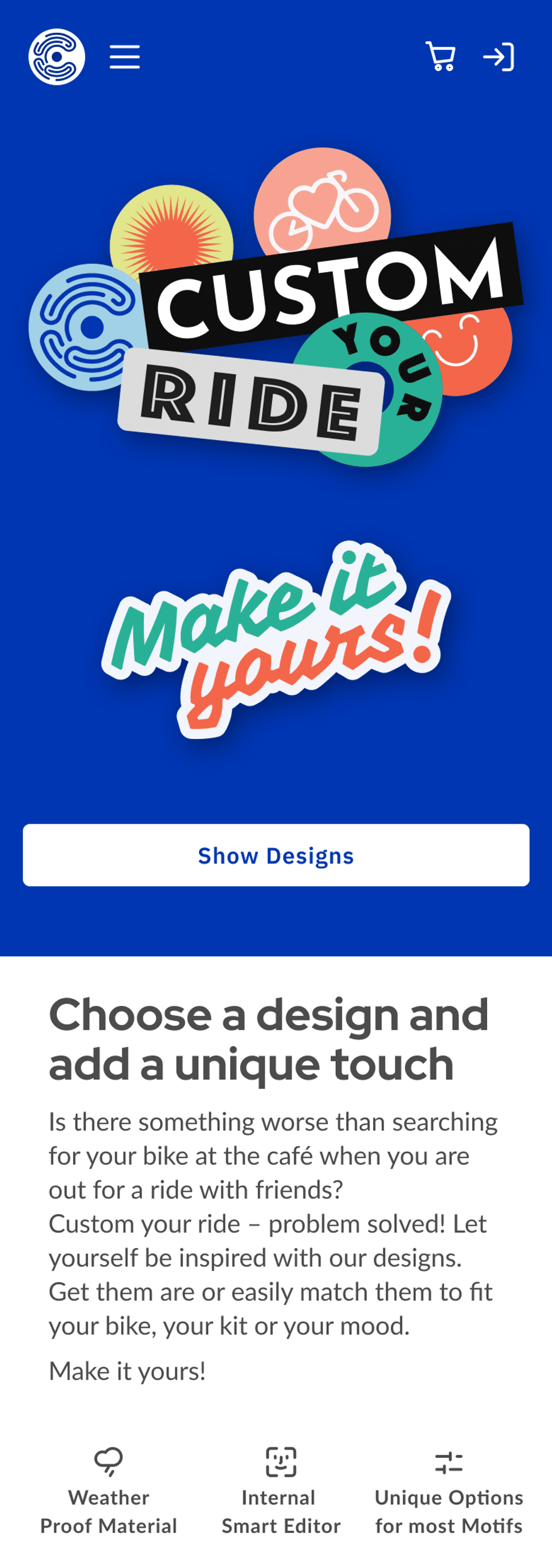 Website screen for custom bike designs with colorful stickers and slogan.