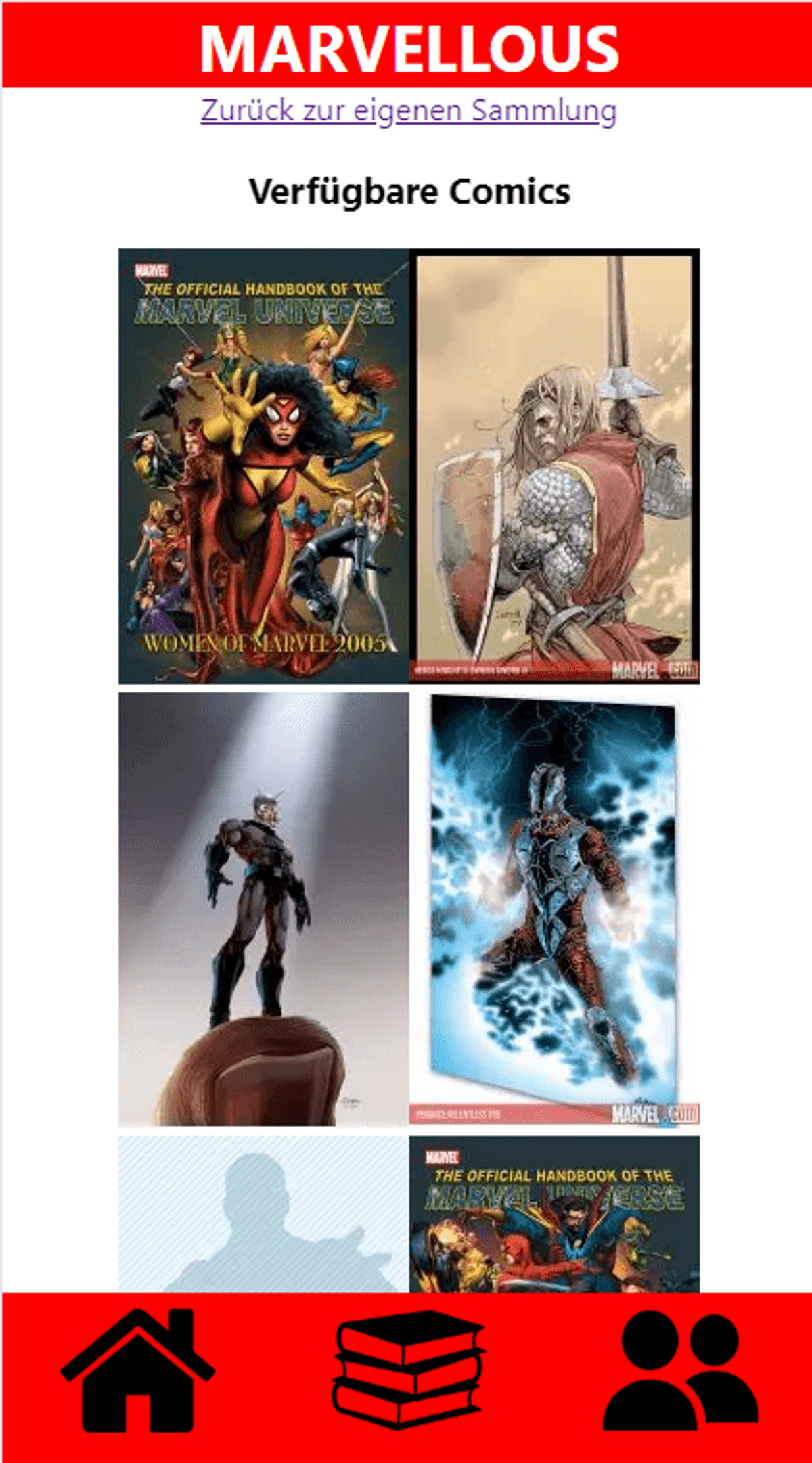 Webseite mit verfügbaren Marvel Comics-Covern und Navigationssymbolen.