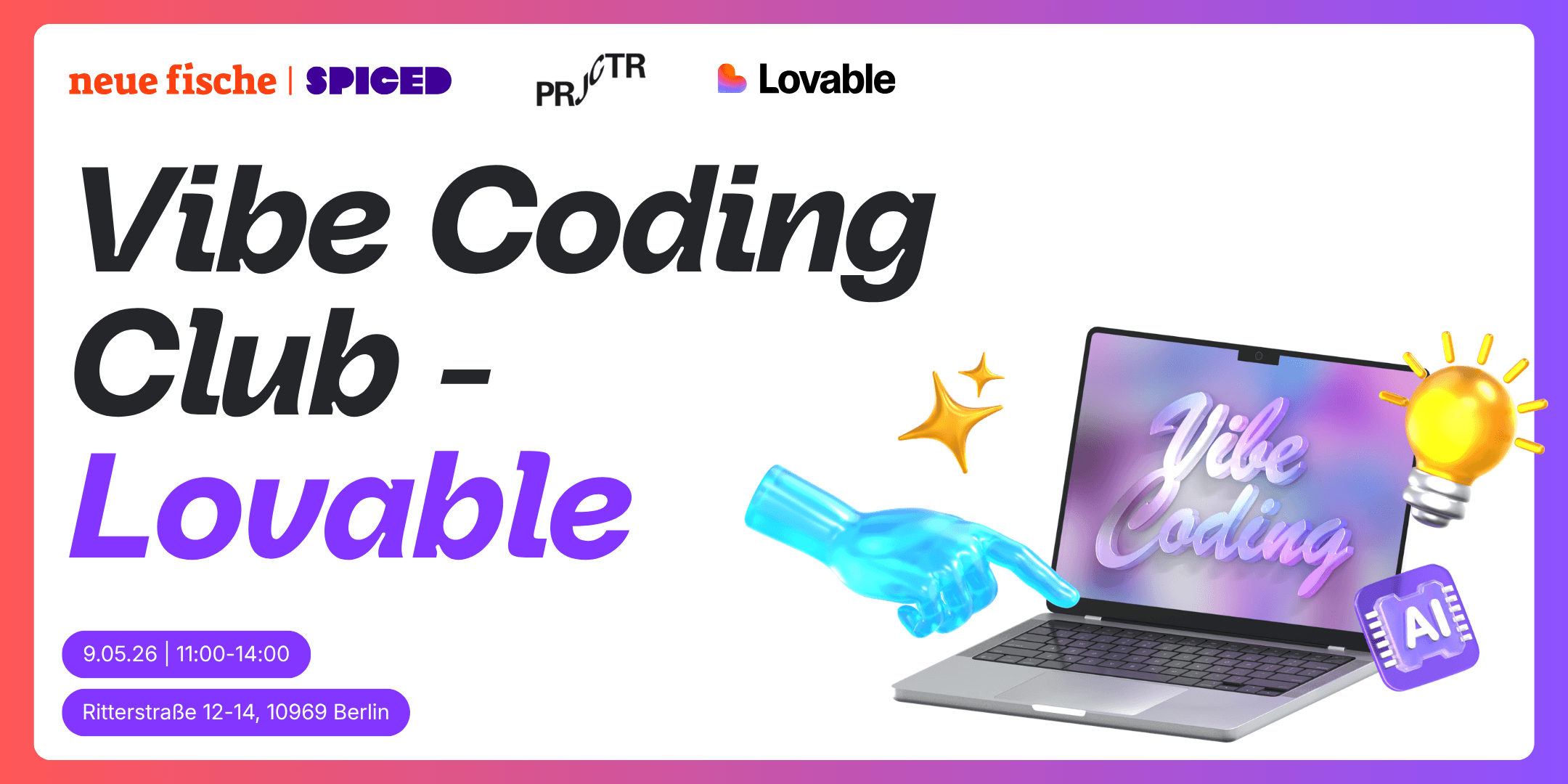 Promotional banner for Vibe Coding Club - Lovable event with date, location, and logos.