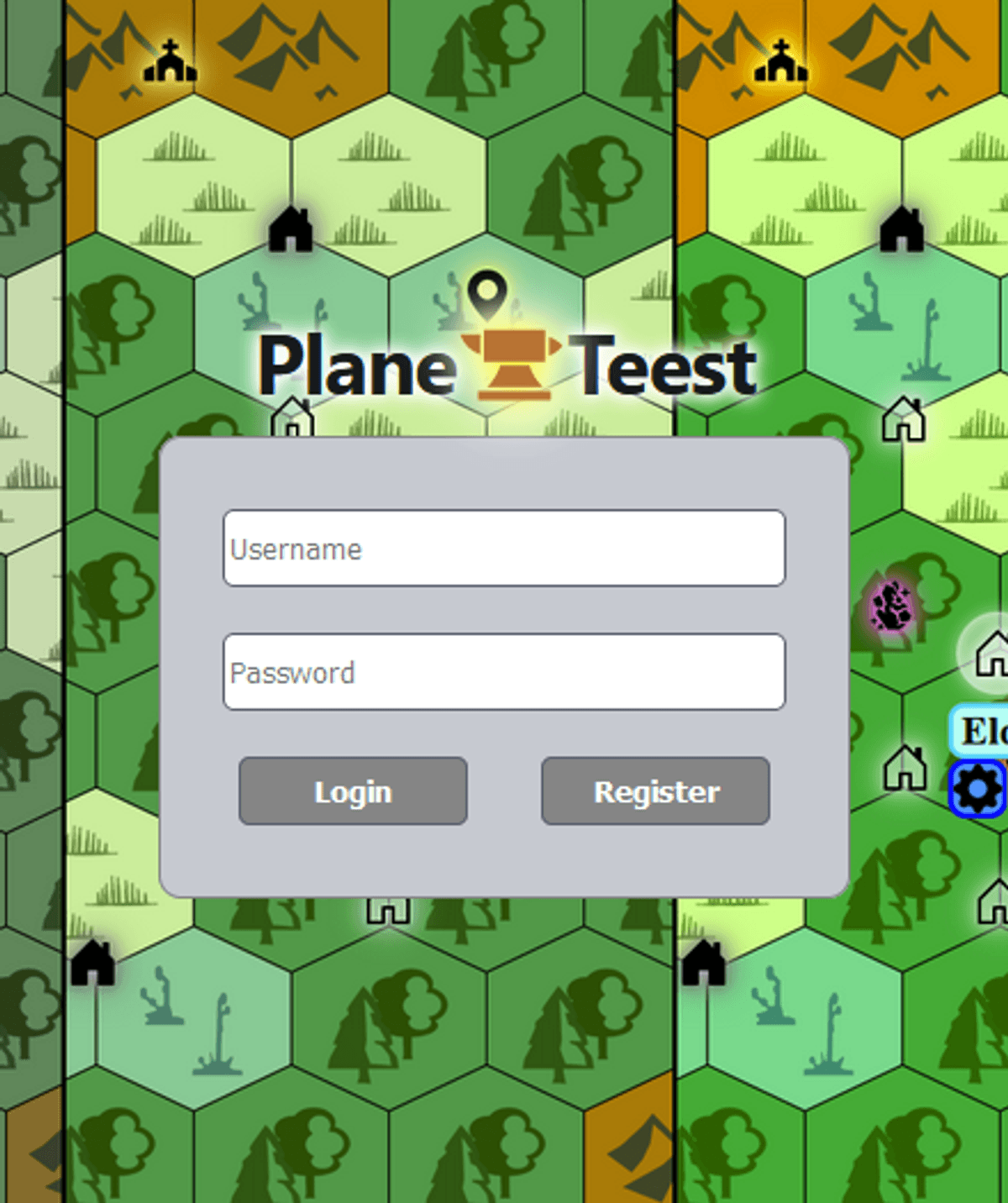 Login screen with game map and username and password input fields