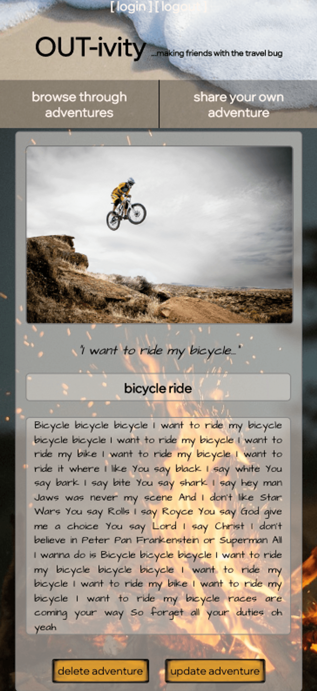 Website for sharing and browsing adventures featuring bicycling and texts.