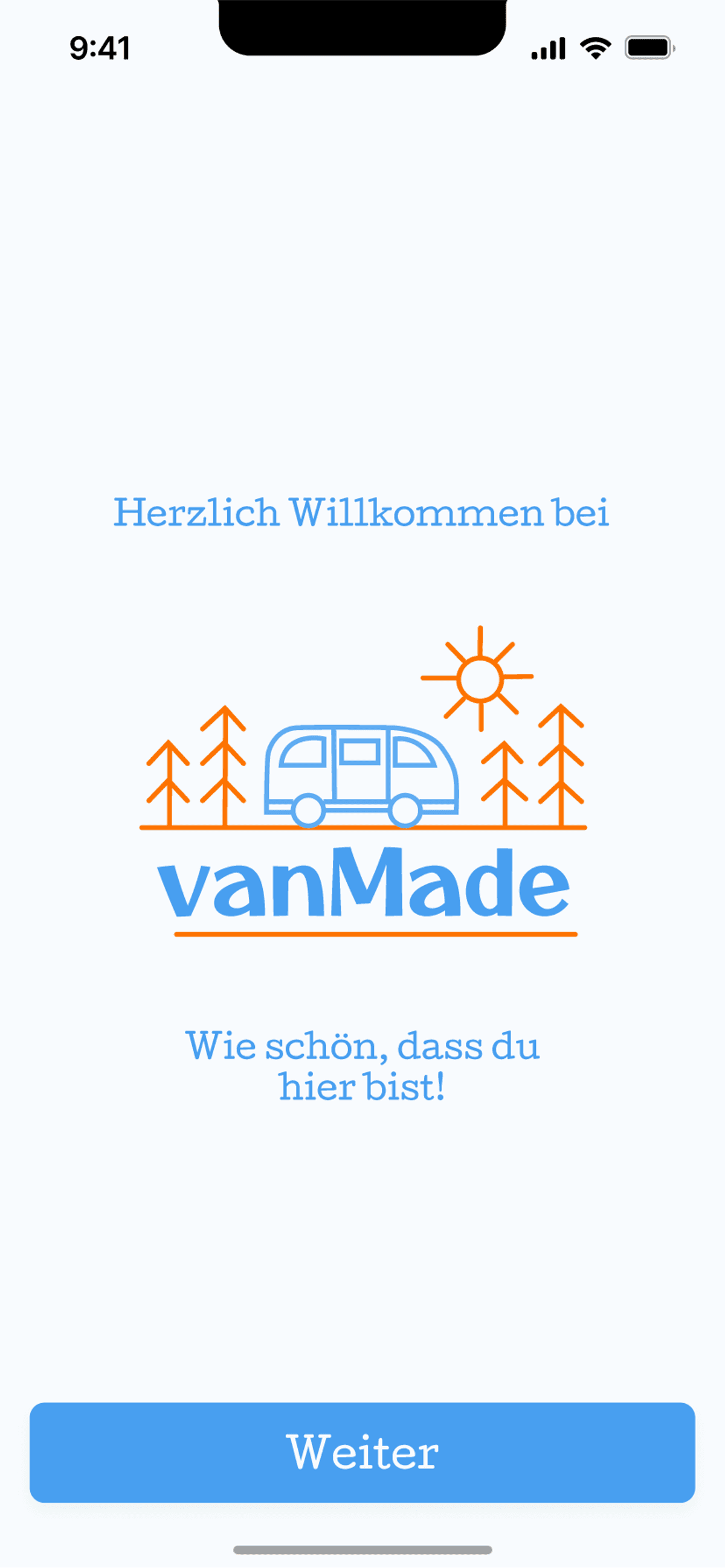 App-Begrüßungsbildschirm für vanMade mit Campervan und Naturillustration