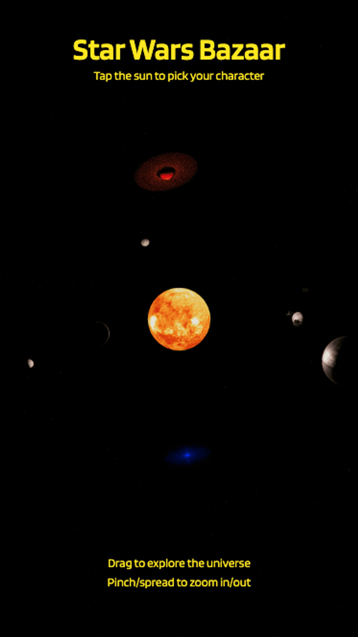 Sun with planets and text for Star Wars Bazaar