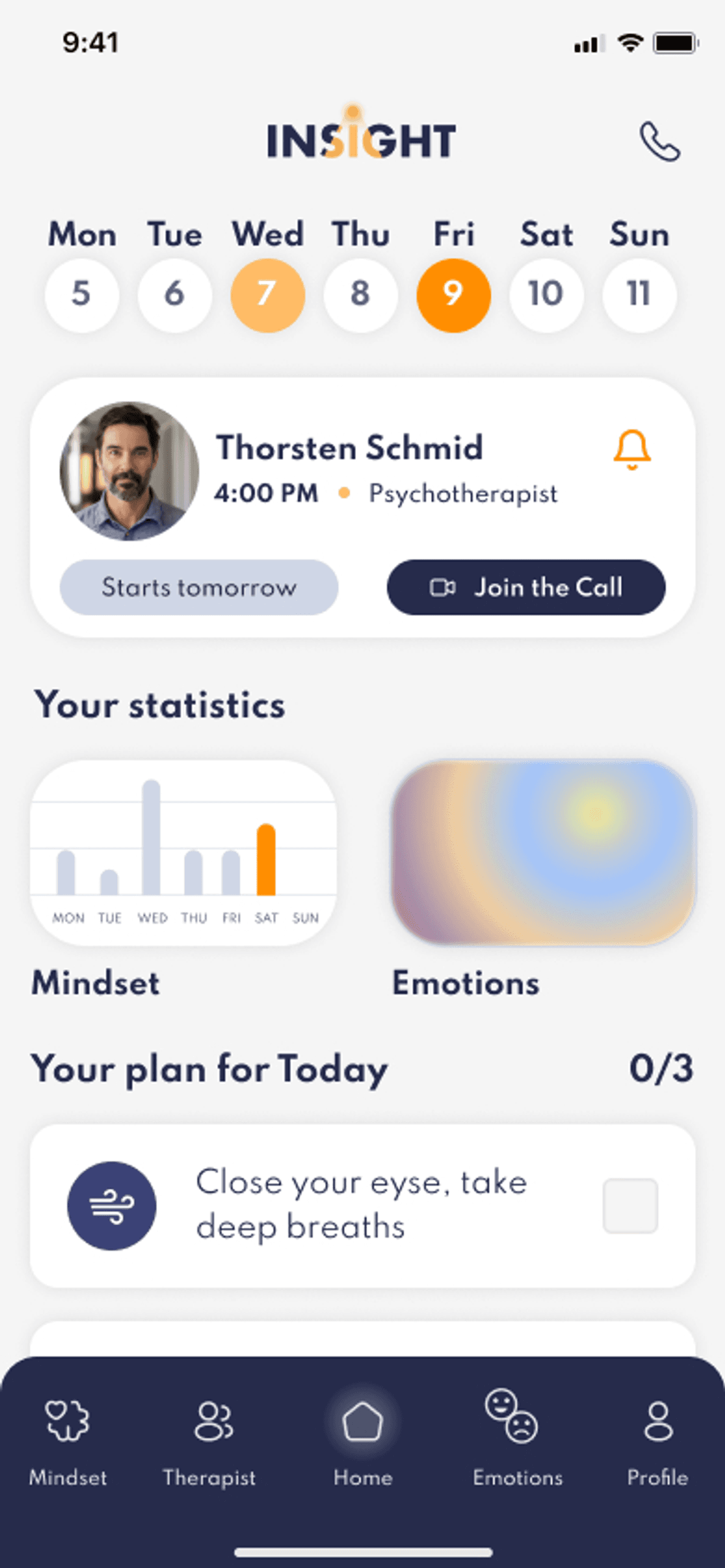 App interface for psychotherapy sessions and daily planning.