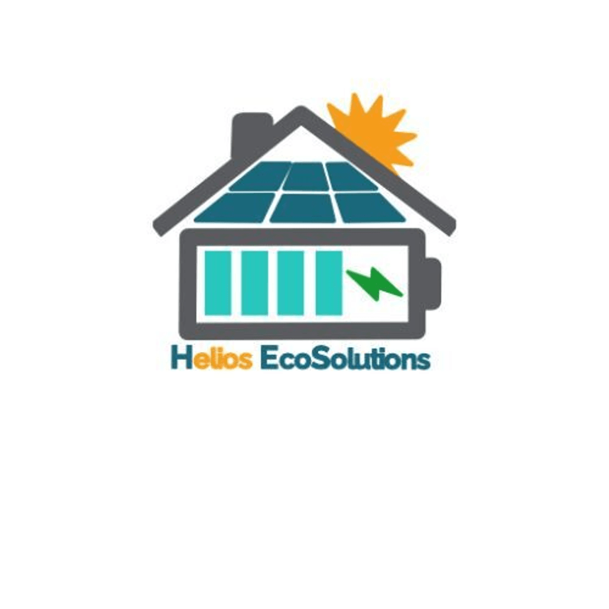Logo with house, solar panels, and battery for Helios EcoSolutions