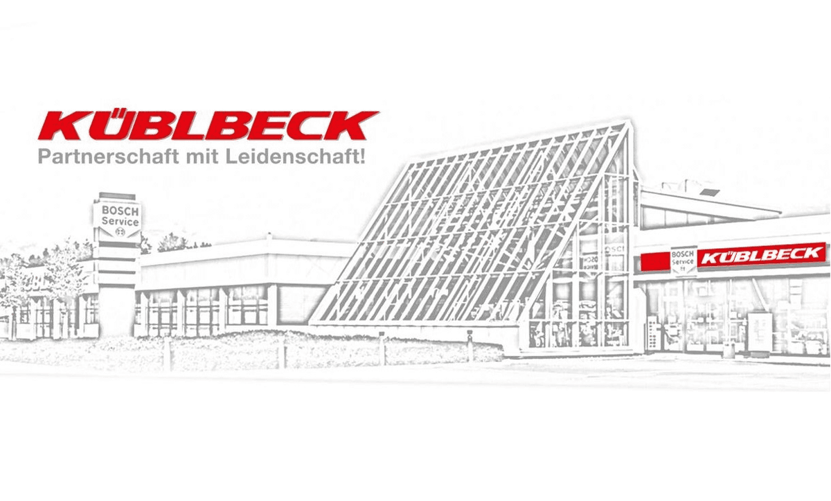 Skizze eines modernen Gebäudes mit Küblbeck- und Bosch-Service-Logo