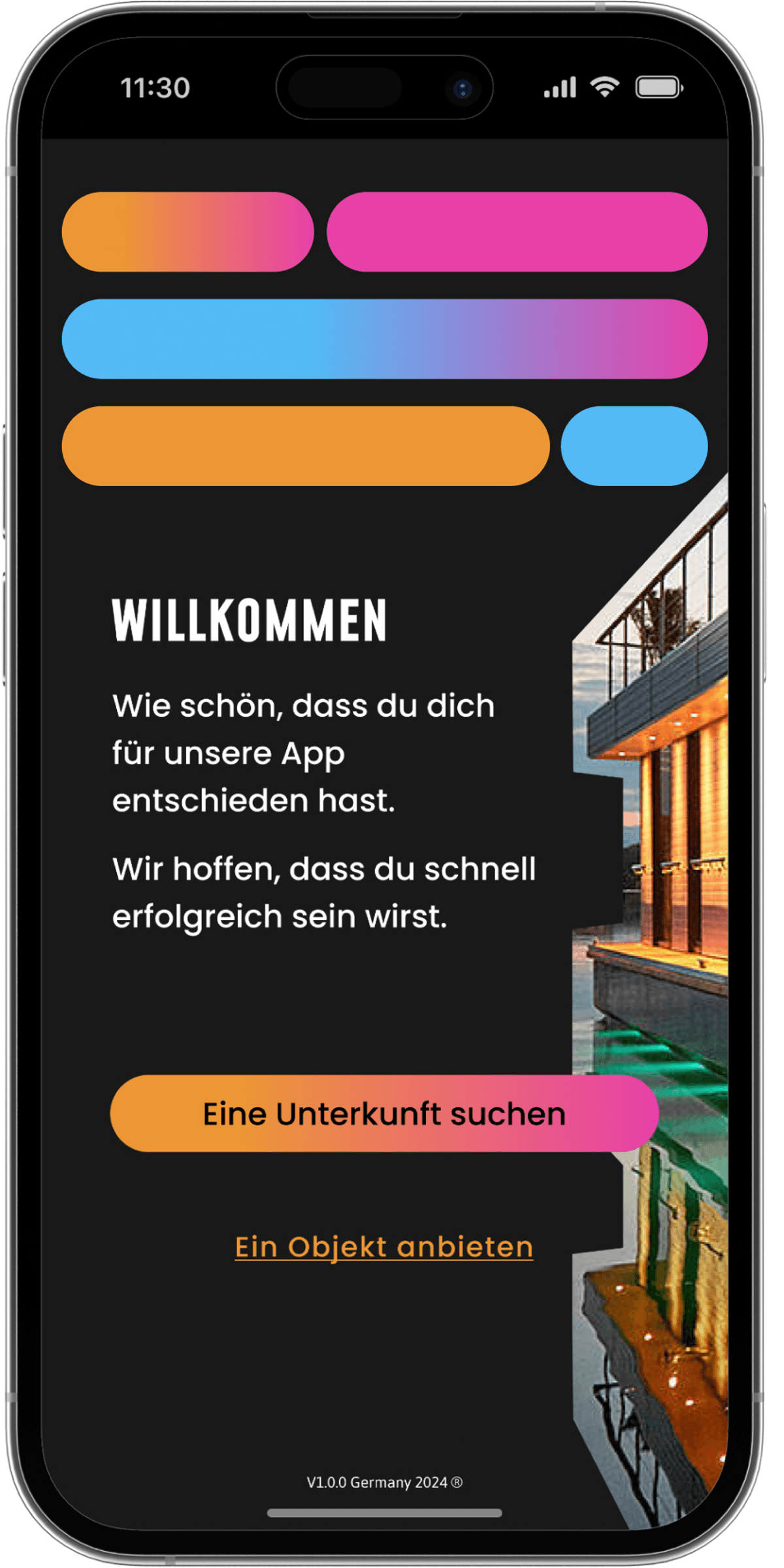 App home screen for accommodation search with welcome text in German.