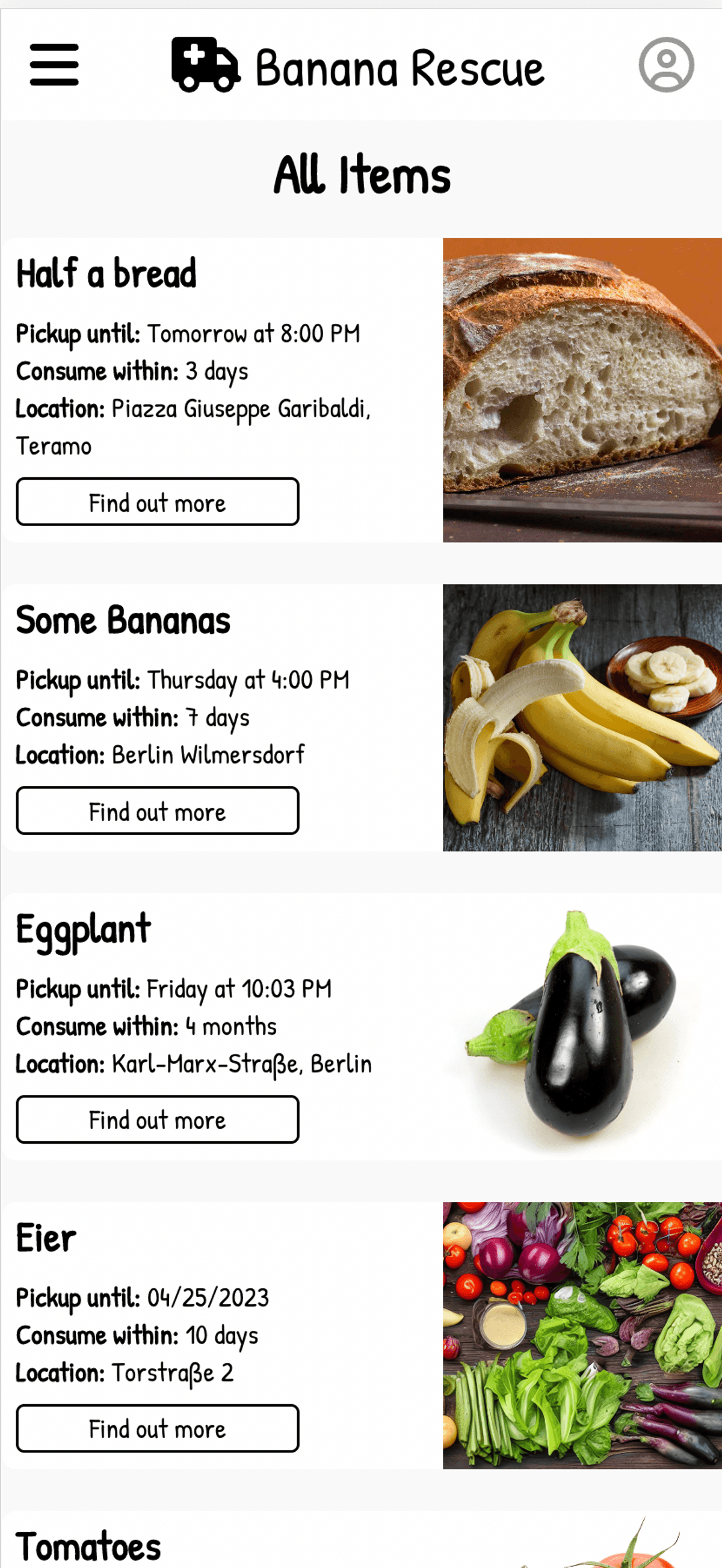Food item list on Banana Rescue website with bread, bananas, eggplants, and vegetables.