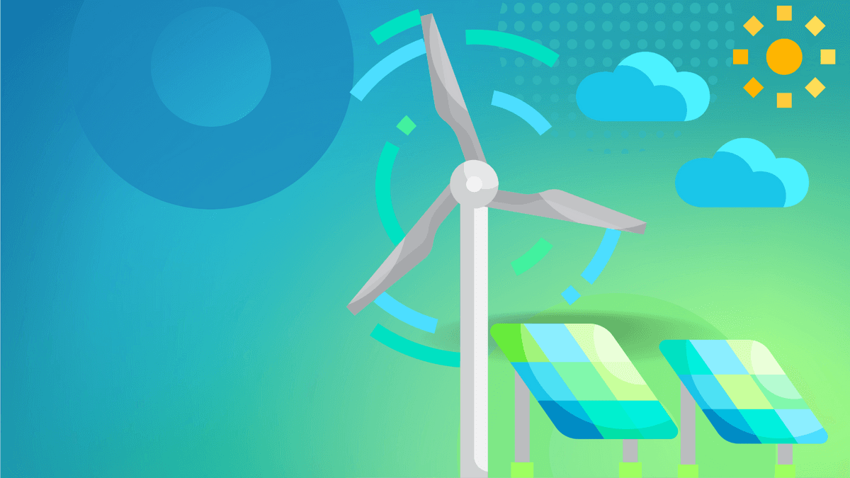Windturbine mit Solarpaneelen bei sonnigem Himmel