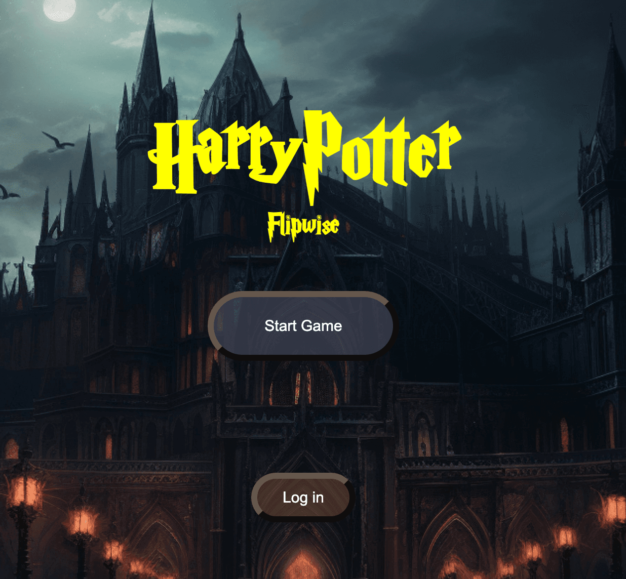 Startbildschirm des Harry Potter Spiels mit Schloss und Spieloptionen.