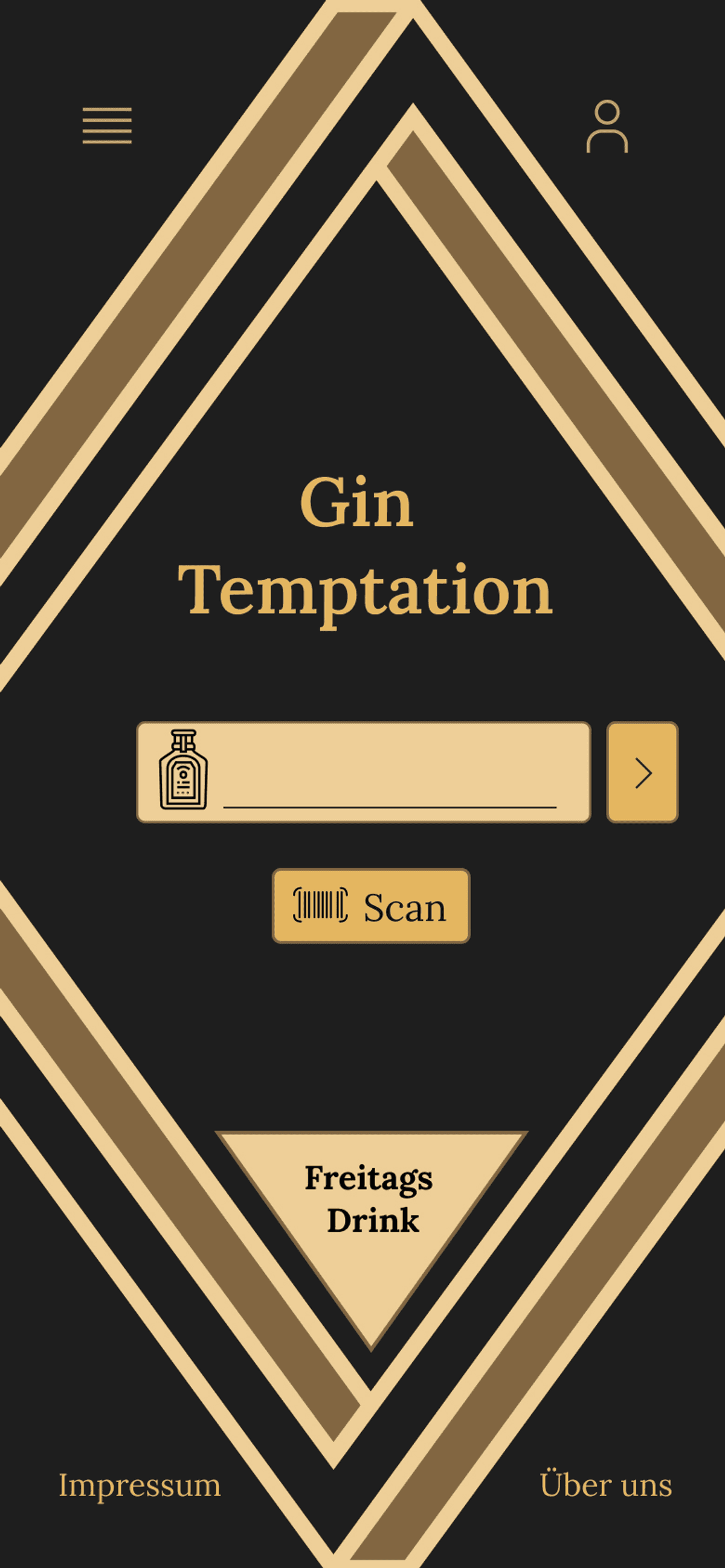 Startbildschirm der Gin Temptation App mit Such- und Scanfunktion