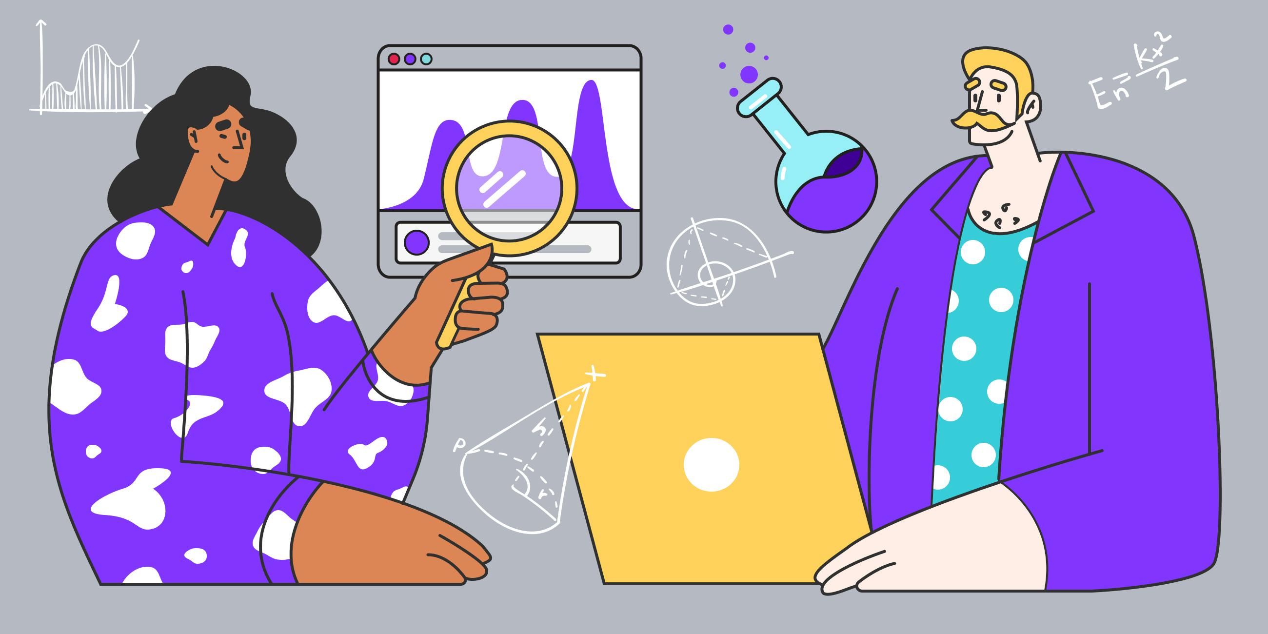 Image of two illustrated people working in data