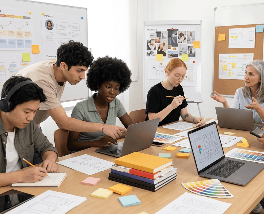 Team collaborating on design projects in an office.