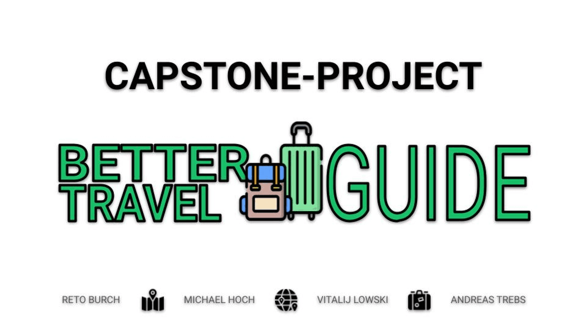 Logo for a capstone project on better travel guides with suitcase and backpack icons.