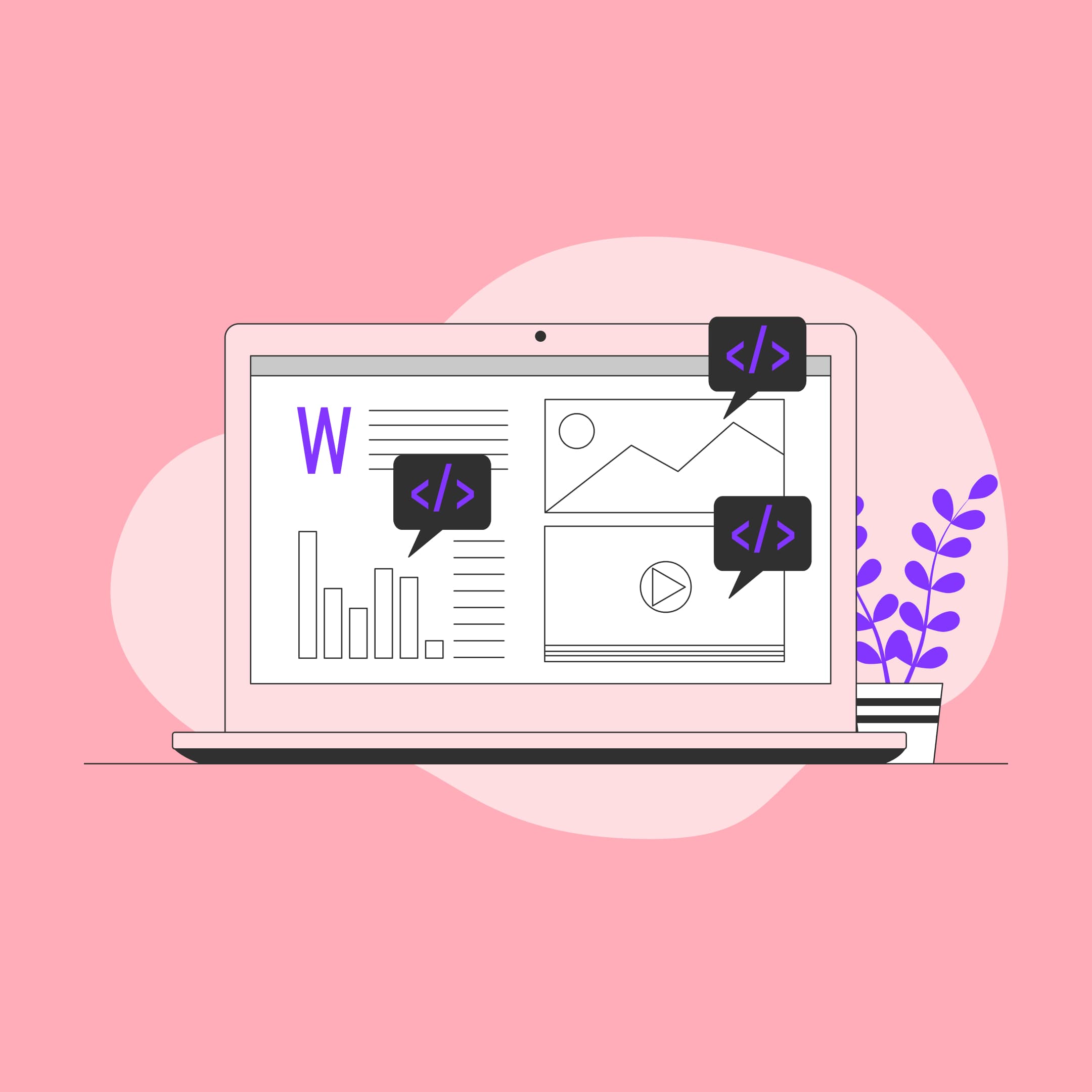 Laptop-Bildschirm mit Webentwicklungssymbolen und Diagrammen