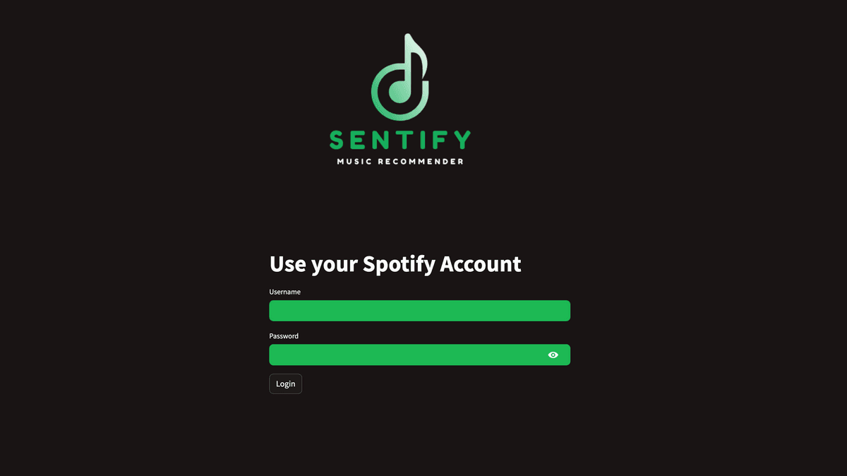 Login page for Sentify music recommendation service with Spotify account.