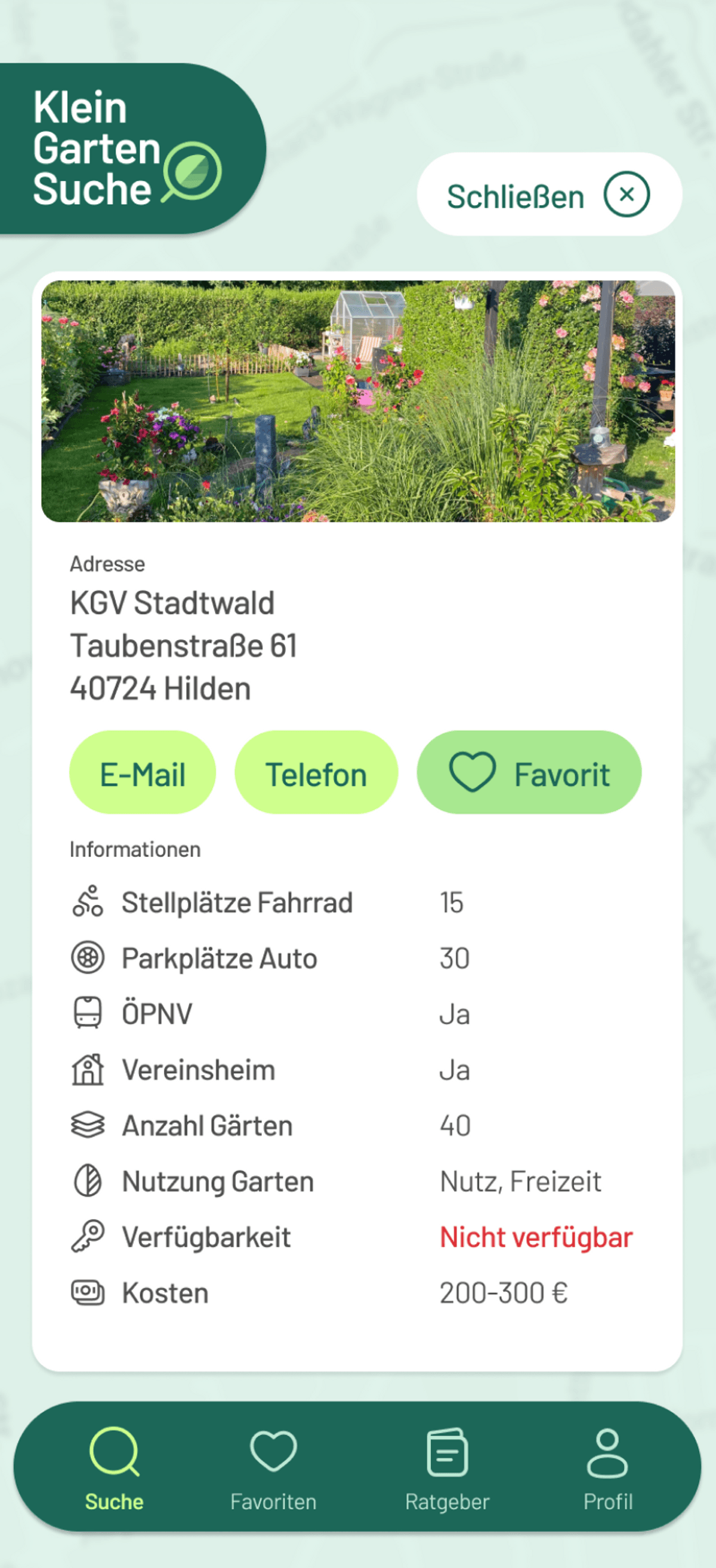 Kleingartenanlage mit Garteninformationen auf einer Such-App