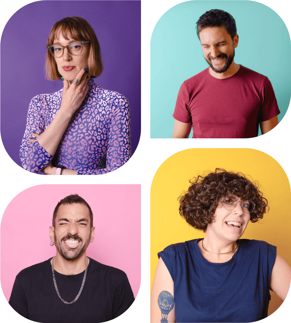 Vier Porträts von Personen mit unterschiedlichen Gesichtsausdrücken vor farbigen Hintergründen.