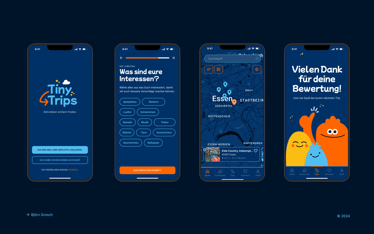 Screens of the Tiny Trips travel planner app on a blue background