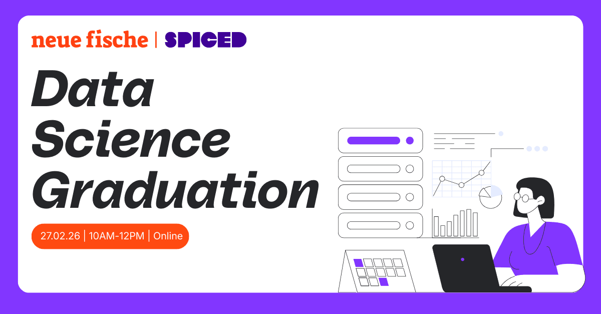 Event banner for Data Science Graduation online event with date and illustration of person at laptop