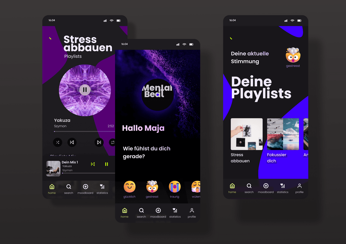 Drei Smartphone-Bildschirme mit Musik-Playlist- und Stimmungs-App-Interface.