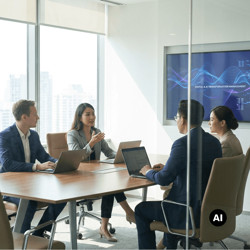 Business professionals in a corporate meeting room discussing transformation strategy.