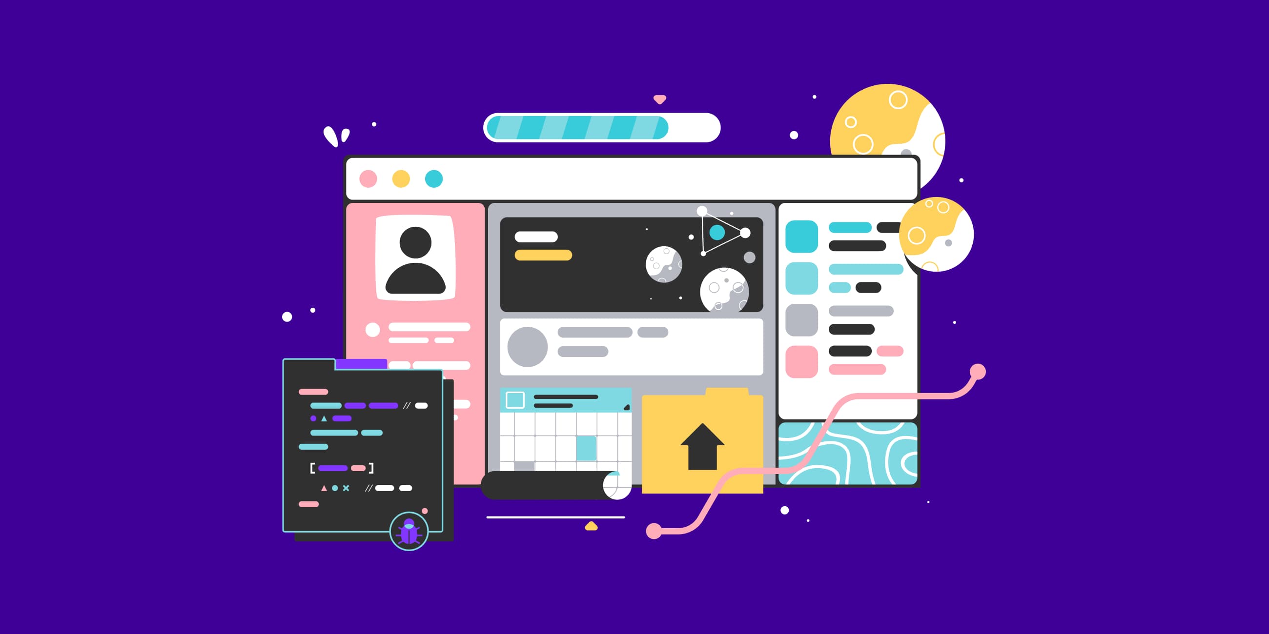 Illustration einer digitalen Plattform mit Benutzerprofil und Programmierelementen