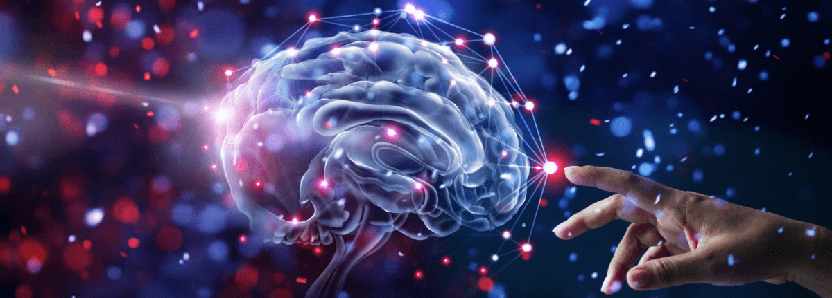 Human hand touching a glowing holographic brain with connections.