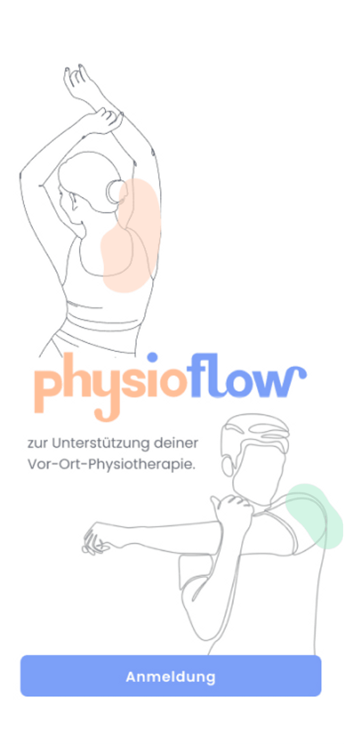 Illustration von zwei Personen, die sich dehnen, mit Text "physioflow" und "zur Unterstützung deiner Vor-Ort-Physiotherapie".