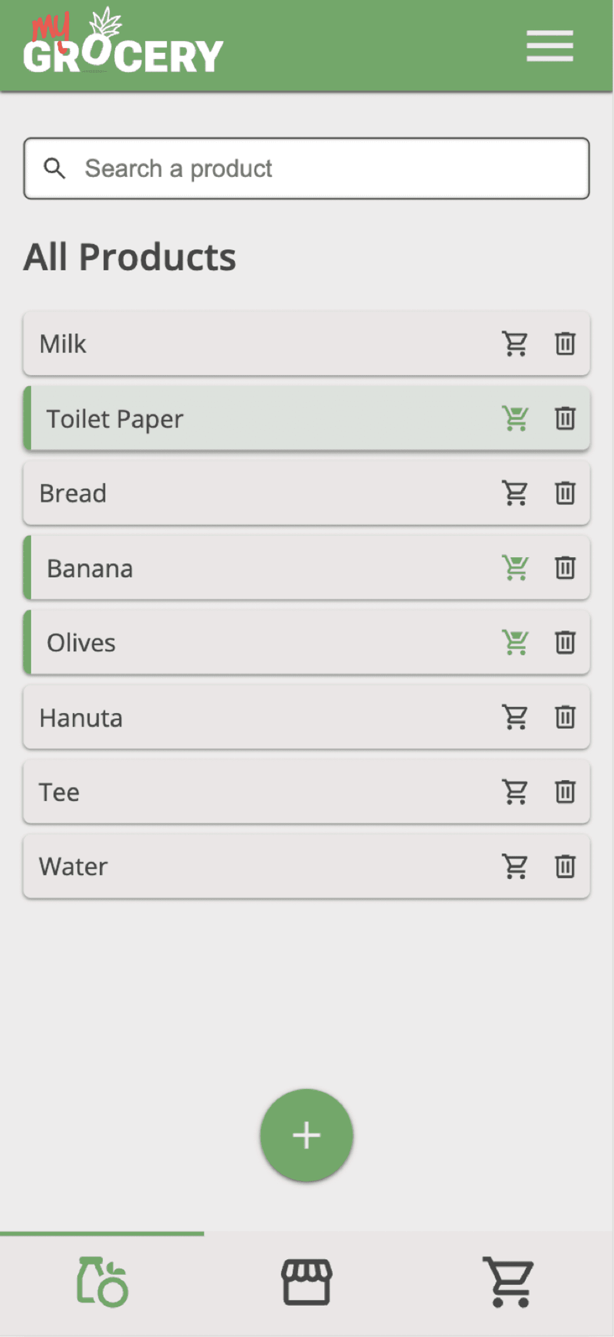 List of grocery and household items in a shopping list app.