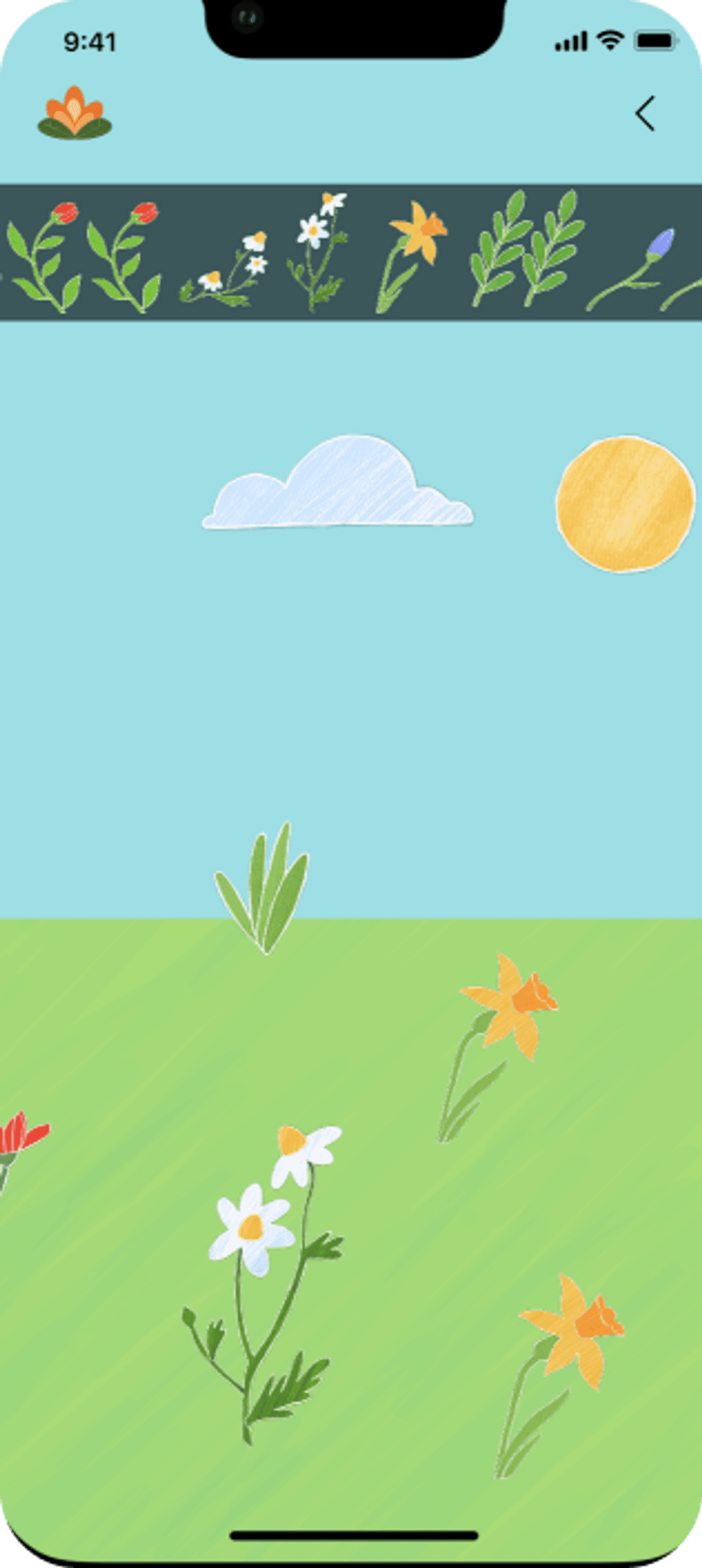 Gezeichnete Blumen und Pflanzen auf einer mobilen App-Oberfläche