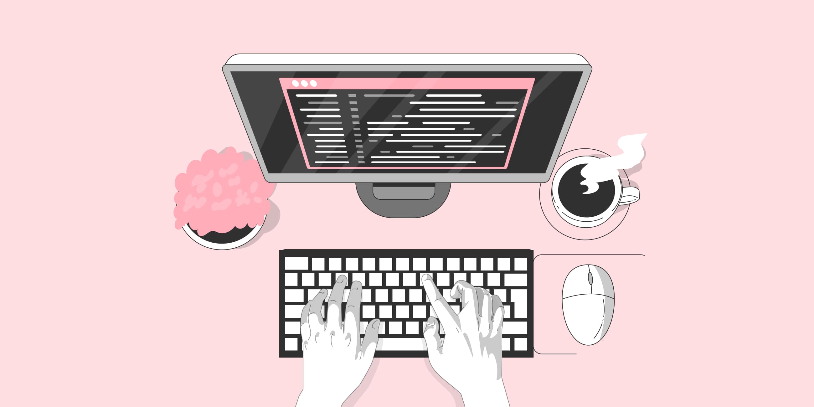 Illustration einer Person, die auf einer Tastatur tippt, mit Monitor, Kaffeetasse und Topfpflanze auf einem rosa Schreibtisch.